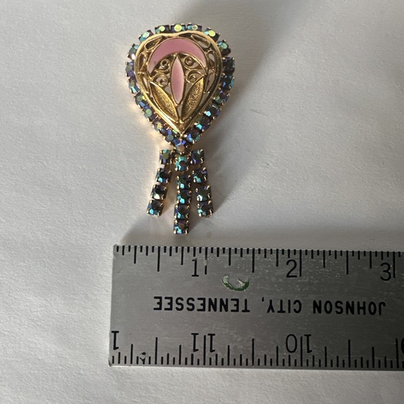 Gold Tone Pink Enamel Heart Drops Brooch Pin w/ Iridescent‎ Rhinestones Vintage - Picture 6 of 6
